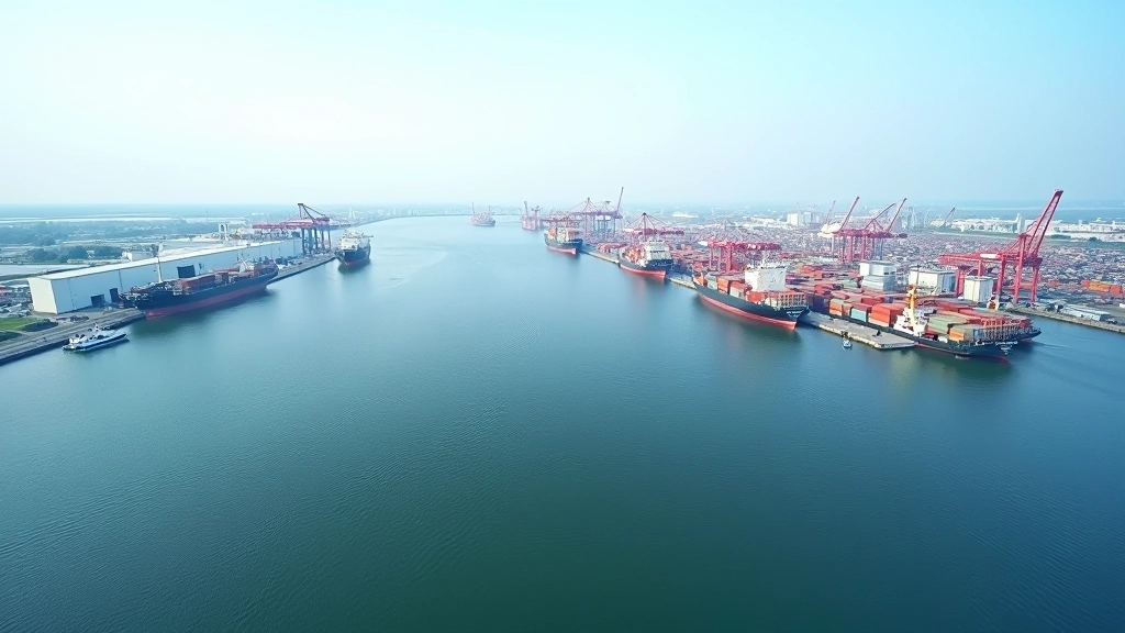 Luftaufnahme des Bremerhavener Hafens mit modernen Umschlagnlagen und Schiff am Kai