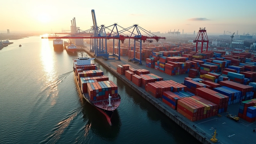 Containerschiffe im Hamburger Hafen mit Containerkränen und Containerlagern