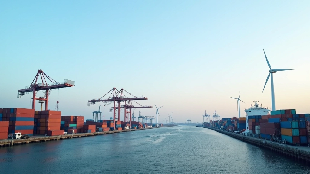 Hafenanlage Bremerhaven mit modernen Windkraftanlagen im Hintergrund, nachhaltige Logistik