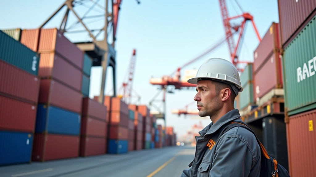 Detailaufnahme von Containerkränen und Containerlagern in modernem Hafenterminal