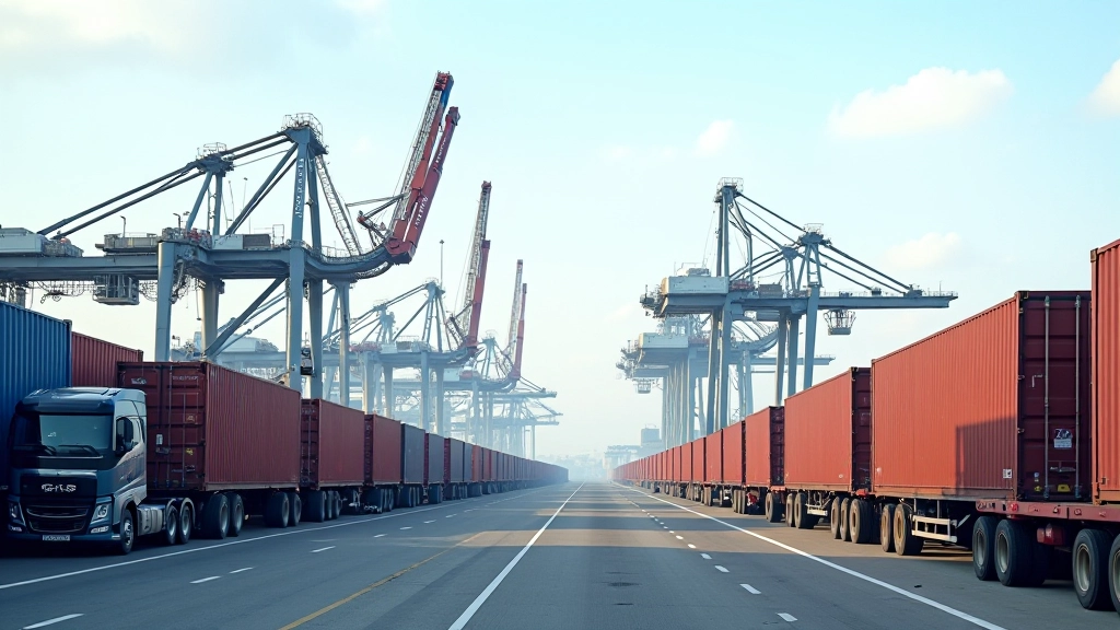 Hafenoperationen mit Containerkränen, Lkw und organisierten Containerlagern in modernem Containerterminal