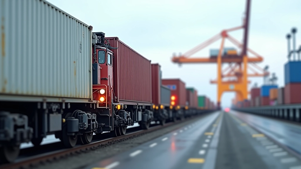 Güterzug mit Containern fährt durch Hafen unter Portalkränen