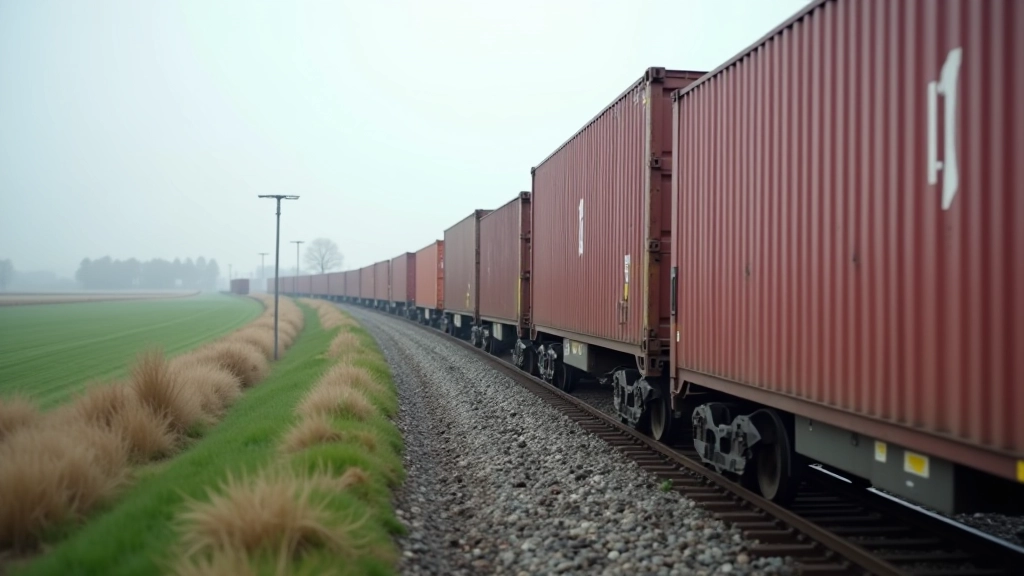 Güterzug mit Containerwaggons fährt durch deutsche Landschaft, Hinterlandanbindung von Bremerhaven