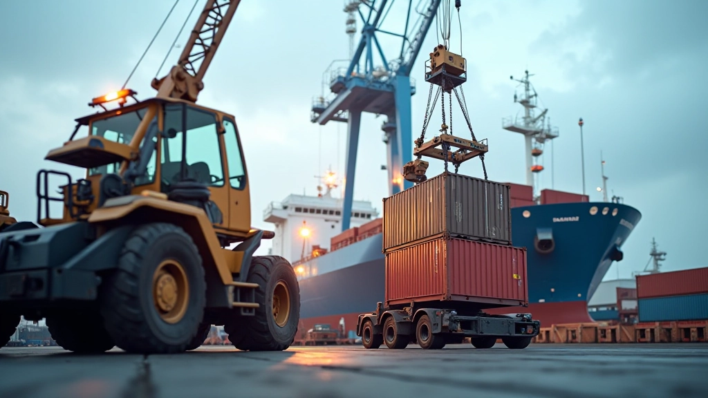 Großer Industriekran hebt schwere Projektfracht in Bremerhavener Hafen, spezialisierte Umschlagnanlage