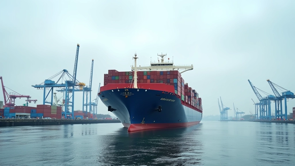 Frachter auf der Elbe mit Containerkränen und Hafeninfrastruktur im Hintergrund