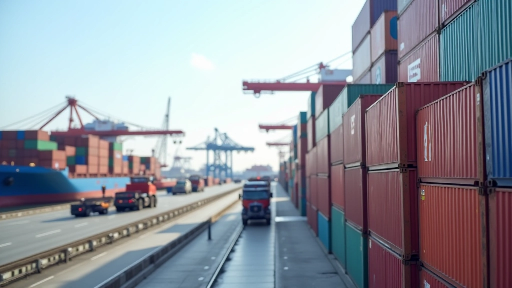 Moderner Containerterminal mit gestapelten Containern und Hafenausrüstung