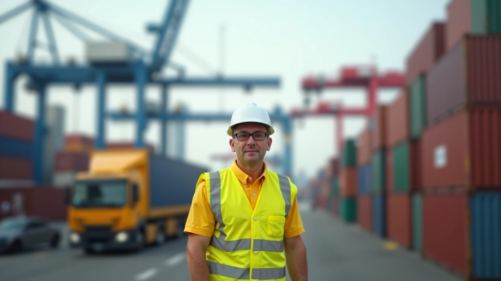 Hafenarbeiter beim Be- und Entladen von Containern mit modernen Kränen und Lagerflächen