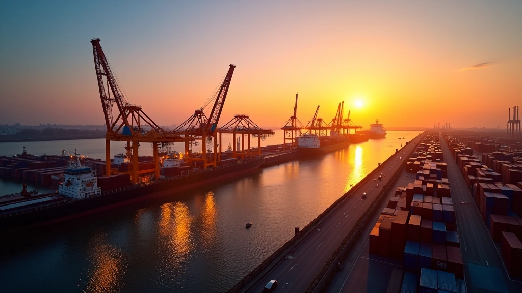 Moderner Containerhafen bei Sonnenaufgang mit leuchtenden Containerbrücken und Frachtschiffen
