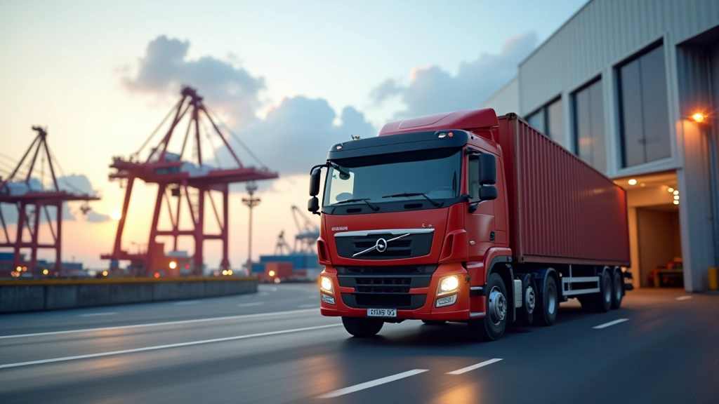 Lastwagen mit Container verlässt Hafentor mit Lagerhallen im Hintergrund